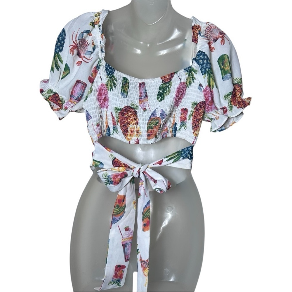 Mine Pina Colada Tropical Top Corset Crop Multicolor Puff Sleeve Size M NWOT - Picture 8 of 14